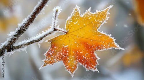 A branch of yellow and leaves, frost adheres to the maple leaf, abrupt drop in temperature, snow, cool colour, warm light
