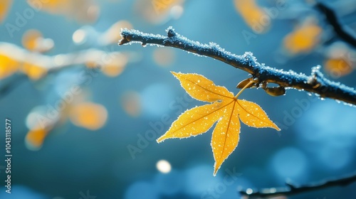 A branch of yellow and leaves, frost adheres to the maple leaf, abrupt drop in temperature, snow, cool colour, warm light
 photo