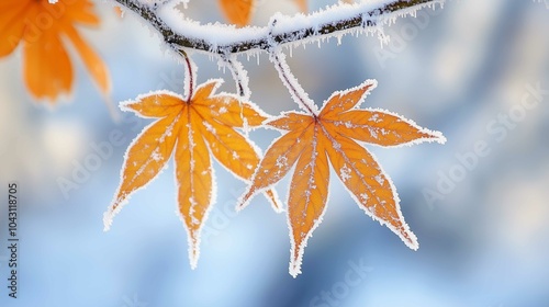 A branch of yellow and leaves, frost adheres to the maple leaf, abrupt drop in temperature, snow, cool colour, warm light
