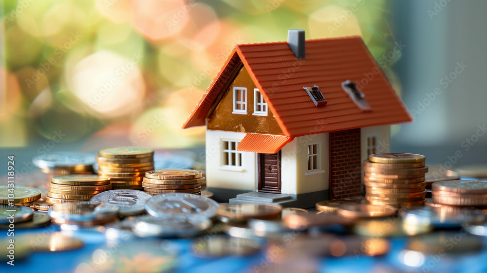 A small model house surrounded by coins, symbolizing the financial aspects of buying and selling homes A small model house surrounded by coins, symbolizing the financial aspects of buying and selling homes