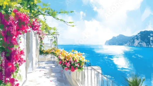 Mediterranean Seaside Terrace with Blooming Flowers