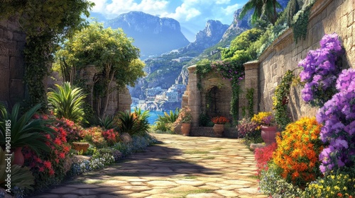 Scenic Mediterranean Garden Walkway with Lush Flora and Coastal Views
