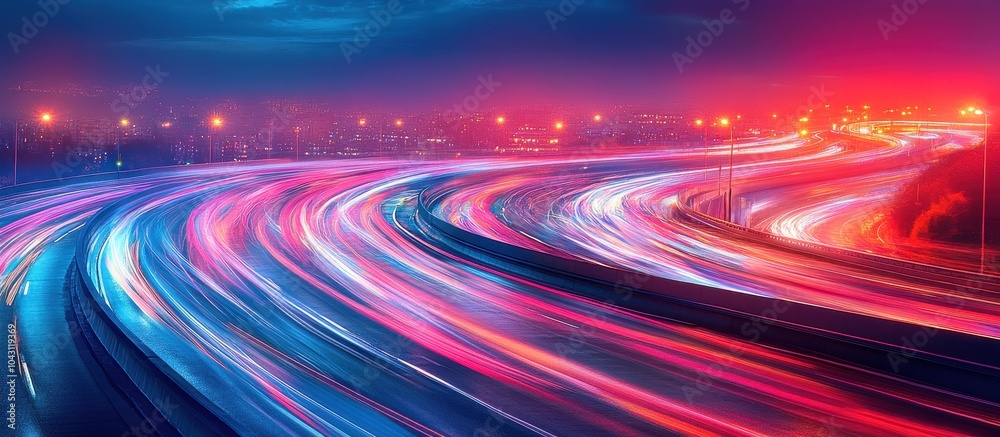 Stunning Long Exposure of City Highway at Night with Vibrant Light Trails and Urban Skyline in the Background Stunning Long Exposure of City Highway at Night with Vibrant Light Trails and Urban Skyline in the Background