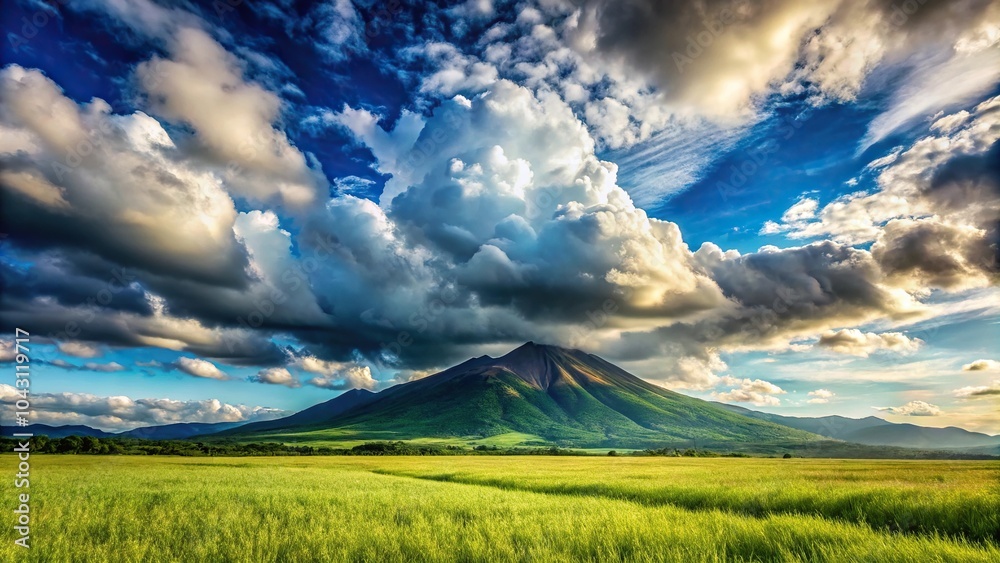 Obraz premium Grassy field with mountain and cloudy sky