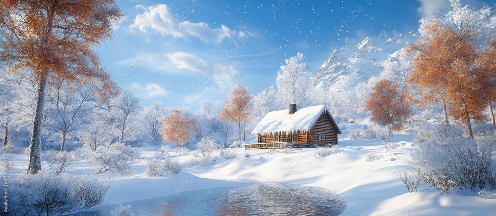 Cozy Cabin in a Snowy Winter Wonderland with Frosty Trees and a Tranquil Frozen Lake Under a Clear Blue Sky Cozy Cabin in a Snowy Winter Wonderland with Frosty Trees and a Tranquil Frozen Lake Under a Clear Blue Sky