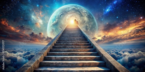 Conceptual Portrait of an Imaginary Stone Staircase Leading into the Void, Ascending Towards the Sky, Ethereal Atmosphere, Surreal Landscape, Dreamlike Scene photo