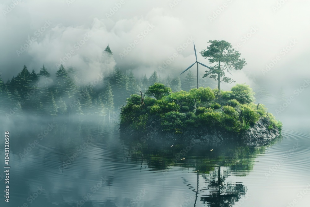 Fototapeta premium A wind turbine on a floating island with greenery, representing clean energy, in a minimalistic style.