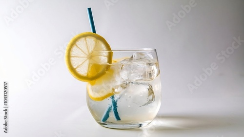 A photo of a cold drinks glass filled with a refreshing beverage with leamon  on a white background, There is a straw in the glass and a few ice cubes are floating at the top. photo