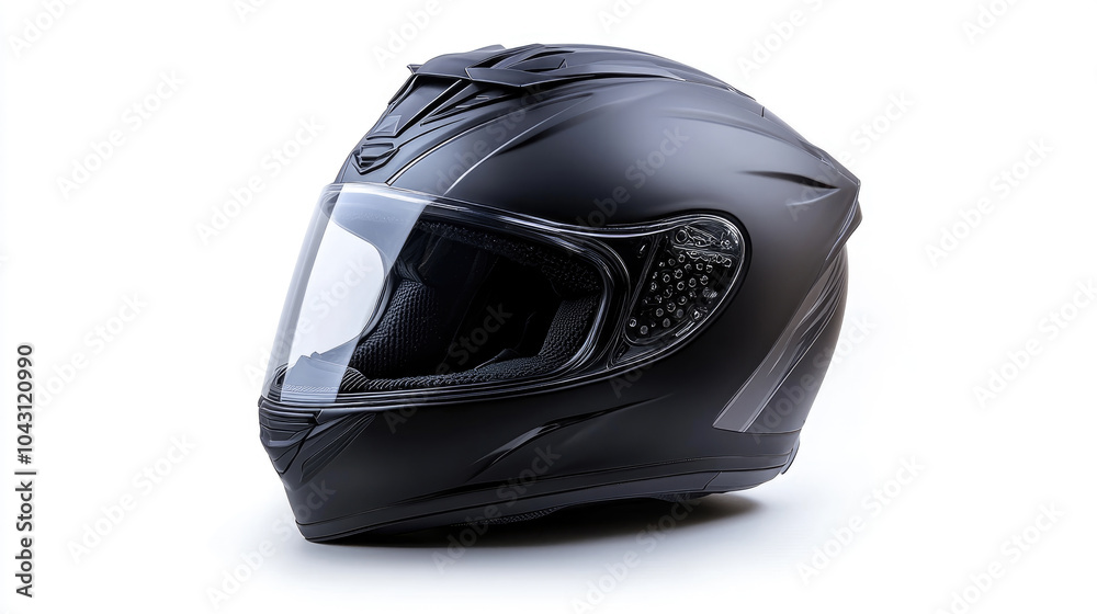 A black motorcycle helmet with a clear visor sits on a white background. The helmet is sleek and shiny, with a clear plastic visor that allows the rider to see clearly while riding A black motorcycle helmet with a clear visor sits on a white background. The helmet is sleek and shiny, with a clear plastic visor that allows the rider to see clearly while riding
