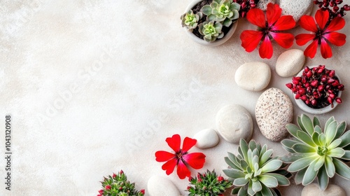 Wallpaper Mural A serene arrangement of colorful flowers and succulents with smooth stones on a textured surface. Torontodigital.ca