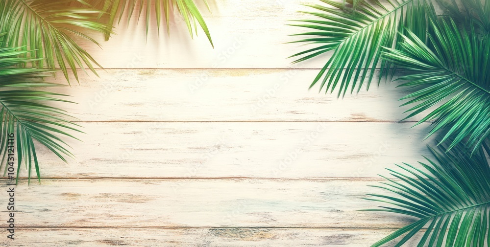A serene wooden background framed by lush green palm leaves, ideal for tropical-themed designs.