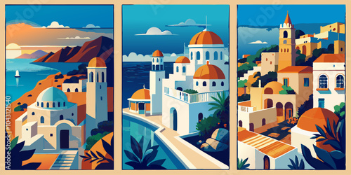 Scenic mediterranean sunset triptych illustrations for travel posters and wall decor
