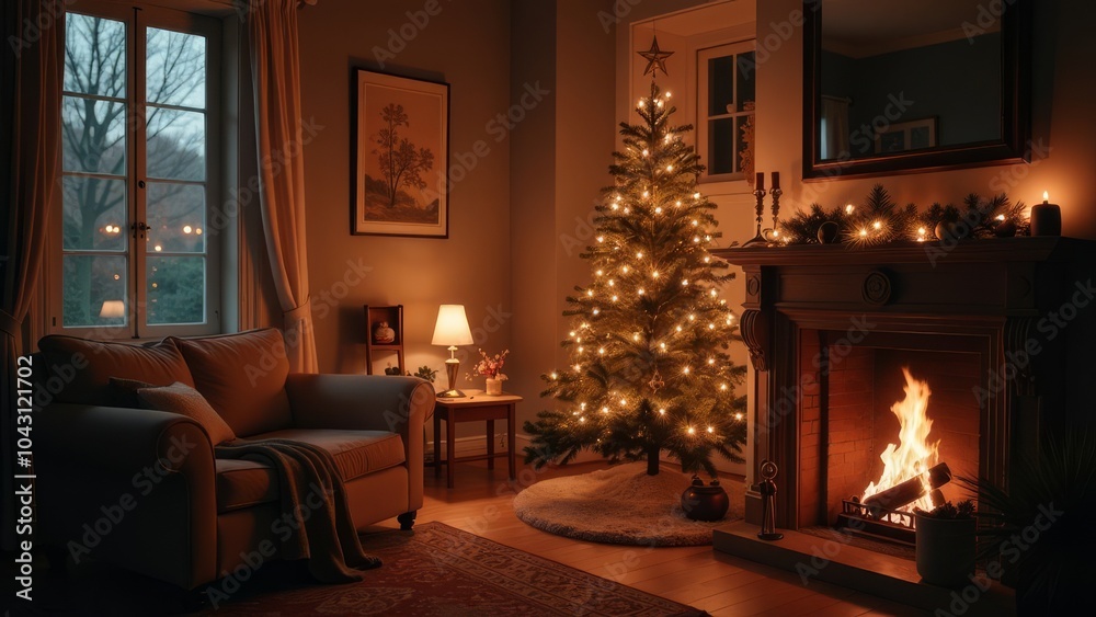 Festive decorated living room with glowing Christmas tree and a crackling fireplace. Soft lights and Xmas decorations set cozy, tranquil winter scene, perfect for a holiday season greeting card Festive decorated living room with glowing Christmas tree and a crackling fireplace. Soft lights and Xmas decorations set cozy, tranquil winter scene, perfect for a holiday season greeting card