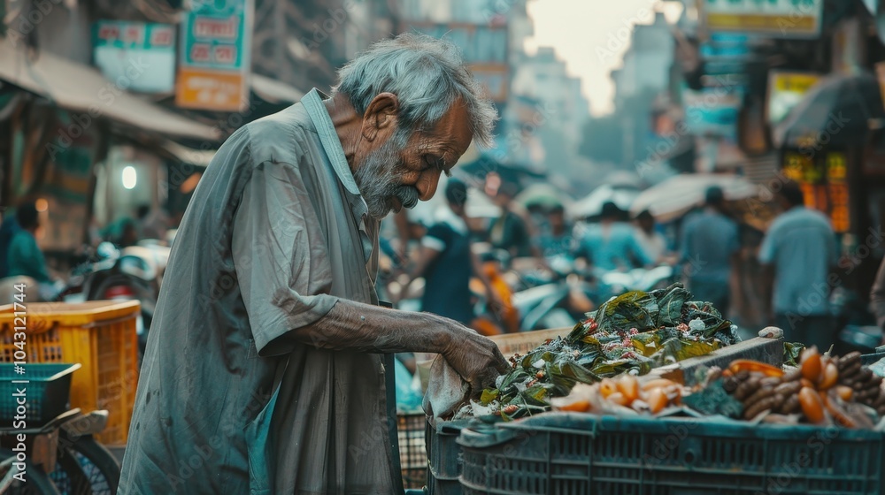 Elderly Man Searching Through Garbage Bin for Food Elderly Man Searching Through Garbage Bin for Food