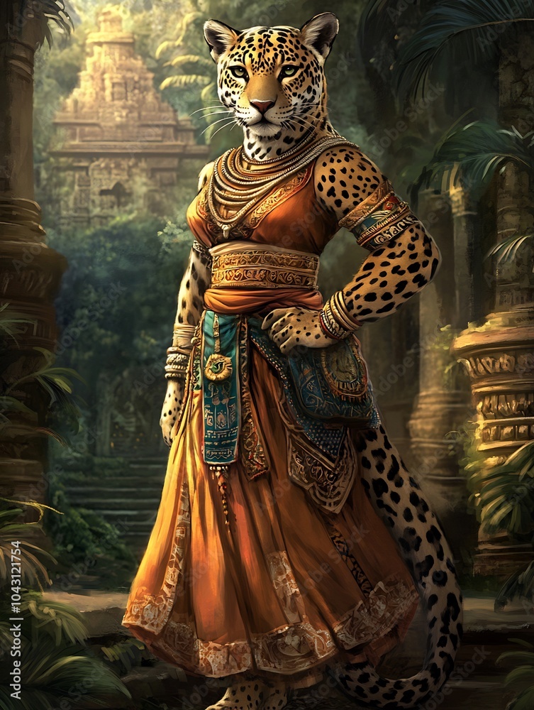 Fototapeta premium Female jaguar in a tribal dress on a jungle temple background.