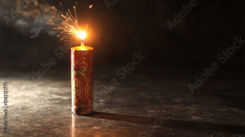 A lit firecracker with sparks and smoke on a dark background.