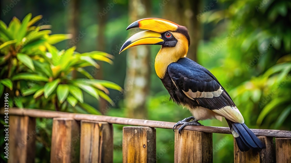 Obraz premium Great Hornbill perched on a wooden fence with symmetrical composition