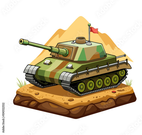 Vector illustration of a detailed military tank positioned on rugged terrain, featuring mountains, an Army  Armored Personnel Carrier outline, and a battle tank icon.