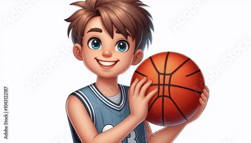 boy holding basketball, blue jersey, smiling clip art preview