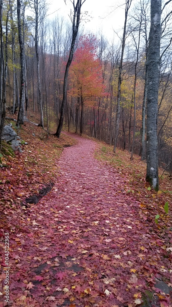 A winding path through an autumn forest, covered in fallen leaves of red and orange, leading to the horizon A winding path through an autumn forest, covered in fallen leaves of red and orange, leading to the horizon