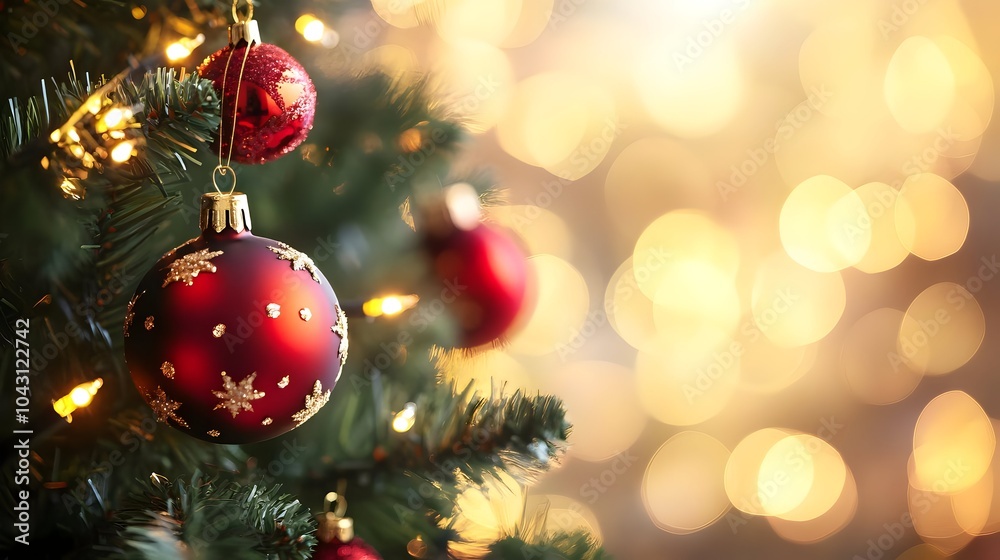 Glowing Christmas tree ornaments and twinkling fairy lights with festive holiday decor and warm seasonal ambiance. Cozy and elegant Christmas background with red,green,and gold Glowing Christmas tree ornaments and twinkling fairy lights with festive holiday decor and warm seasonal ambiance. Cozy and elegant Christmas background with red,green,and gold
