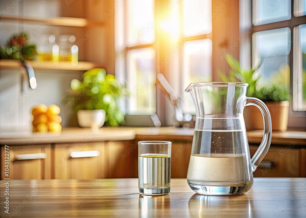 A glass of purified water sits alongside a jug on the kitchen bench, showcasing a refreshing hydration moment that emphasizes clarity and health in every sip. A glass of purified water sits alongside a jug on the kitchen bench, showcasing a refreshing hydration moment that emphasizes clarity and health in every sip.