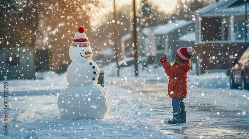 A child putting the final touches on a snowman, while snow falls gently in a quiet neighborhood.