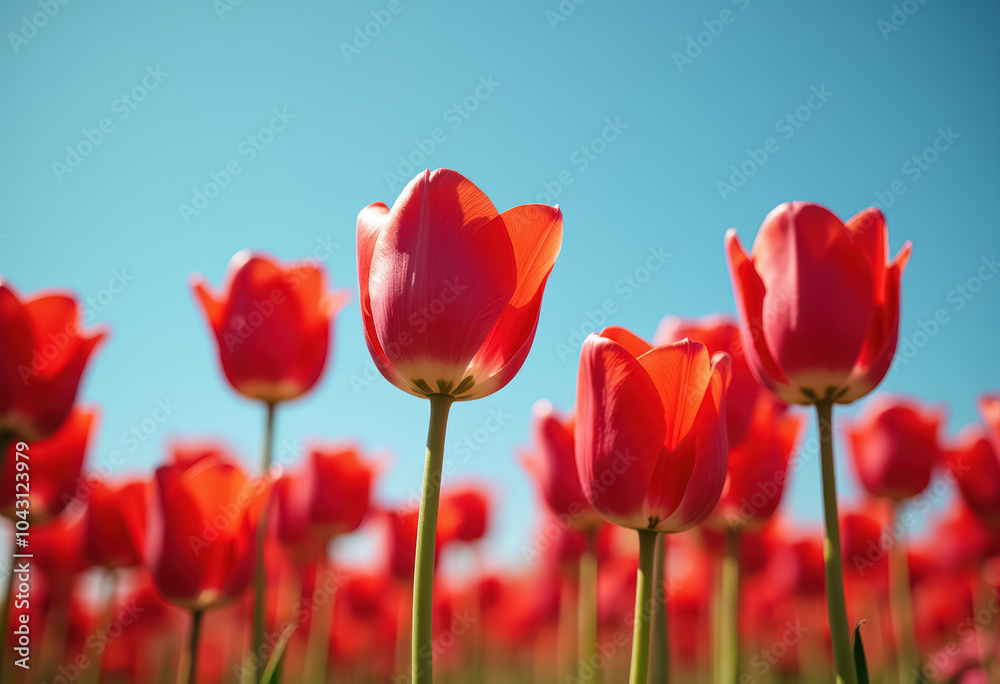 Red tulips against a clear sky