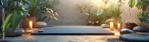Yoga mat with plants, candles, and healing stones, peaceful natural healing space, 3D illustration