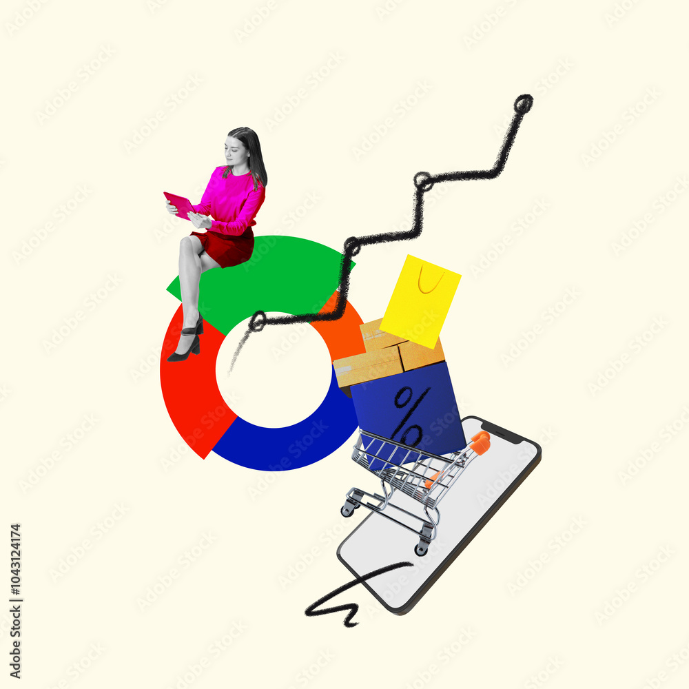Contemporary art collage. Woman seated on pie chart with shopping cart and rising line from smartphone. . Online retail, Sales increase. Concept of technological progress, e-commerce, shopping, remote