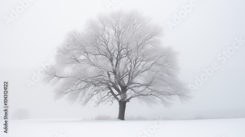 Single Frosted Tree in a Snowy, Mist-Shrouded Field, Capturing the Essence of Winter's Silent Beauty | AI Created