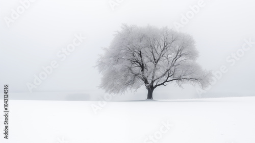 Single Frost-Covered Tree in Foggy Winter Field, Capturing the Essence of Quiet Solitude | AI Created