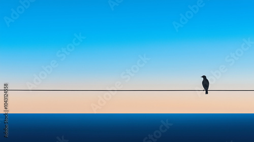 Solitary Bird Perched on Wire Against Gradient Sky at Dawn, Embracing Minimalism and Serenity | AI Created