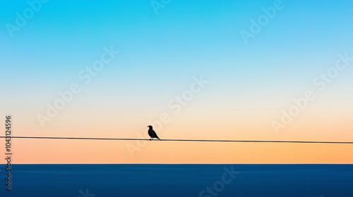 Lone Bird on Wire Against Gradient Sky at Dusk, Capturing Tranquility and Minimalist Beauty | AI Created