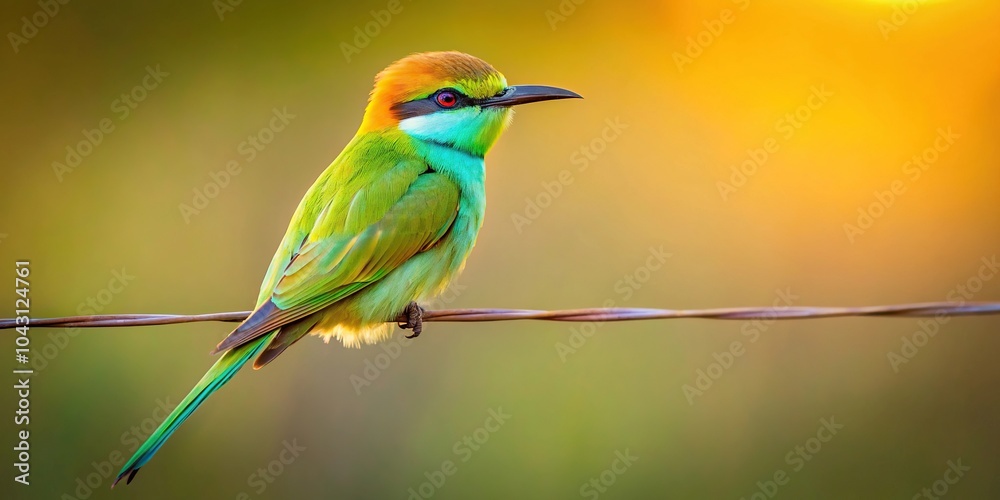 Green Bee eater perched on wire with morning sunlight shining on feathers Macro