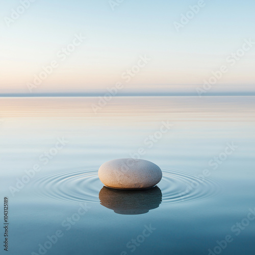Smooth stone with gentle ripples in calm water at sunrise, reflecting minimalist balance and tranquility in a serene, peaceful landscape | AI Created