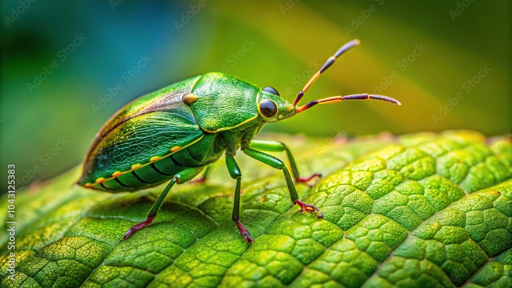 Green bug Chlorochroa pinicola on leaf in forest Green bug Chlorochroa pinicola on leaf in forest