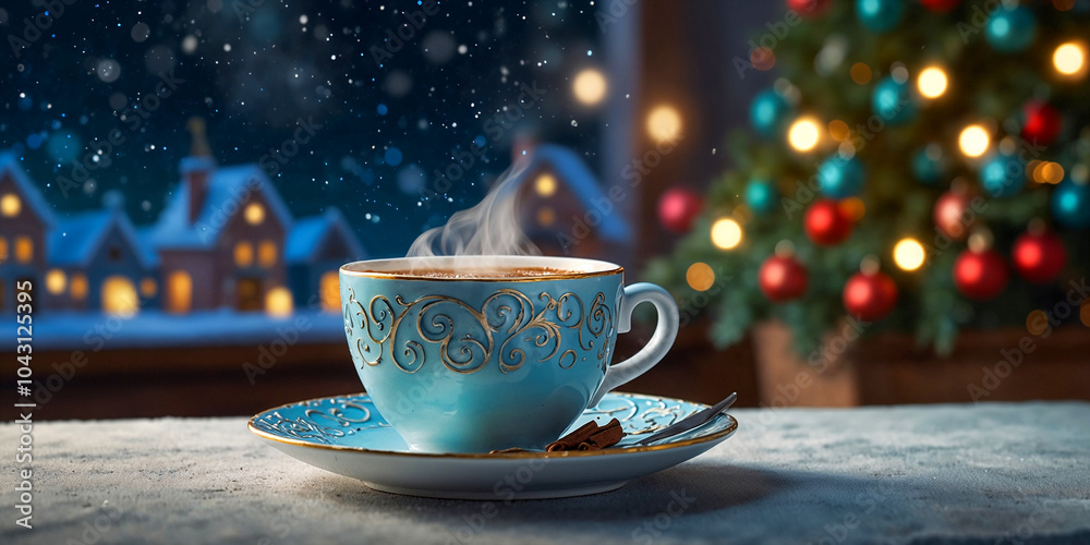 Cup of coffee over table and Christmas background