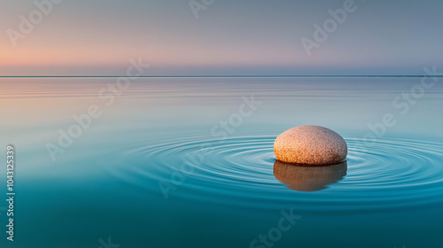 Smooth stone creating gentle ripples in calm water at sunset, reflecting minimalist tranquility and balance in a serene, expansive landscape | AI Created