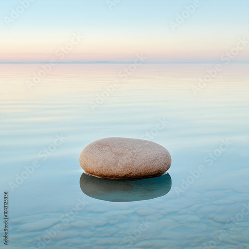 Minimalist smooth stone floating on still water at sunrise, reflecting calm and balance in a serene natural landscape | AI Created