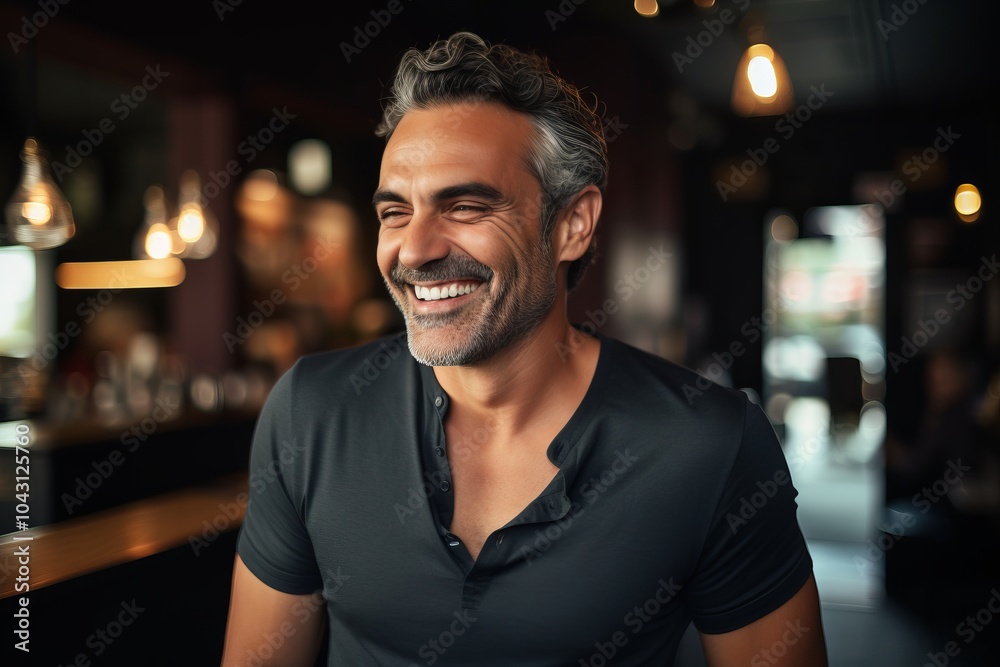 Handsome middle-aged man smiling and looking at camera in a pub. Handsome middle-aged man smiling and looking at camera in a pub.