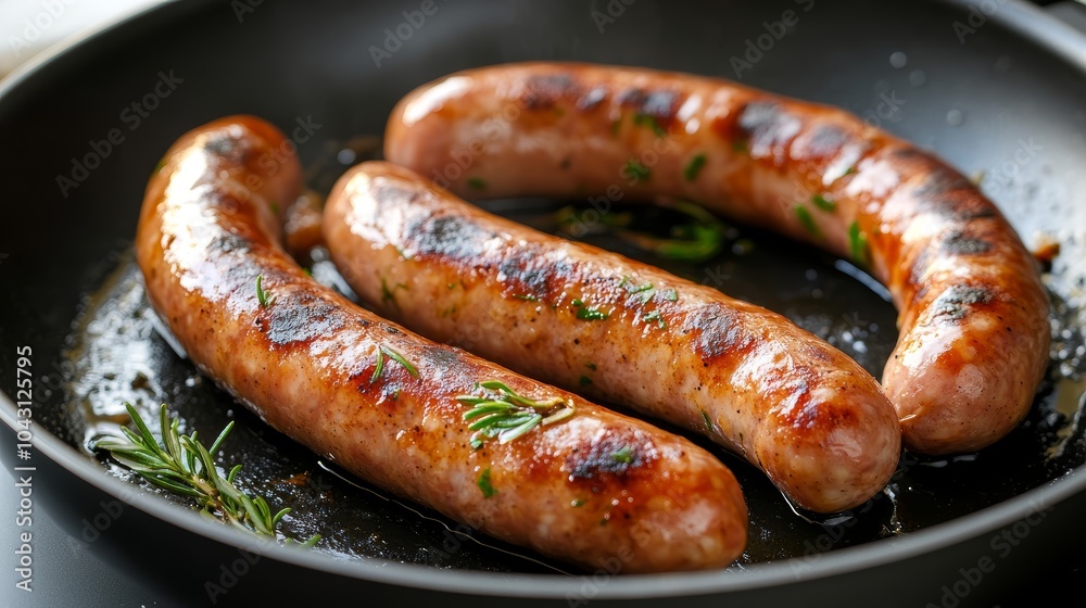 Sizzling Chipolata Sausages in Frying Pan with Rosemary Sizzling Chipolata Sausages in Frying Pan with Rosemary