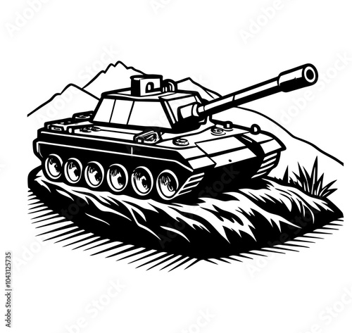 Vector illustration of a detailed military tank positioned on rugged terrain, featuring mountains, an Army  Armored Personnel Carrier outline, and a battle tank icon.