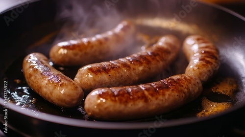 Close Up of Sizzling Chipolata Sausages in a Frying Pan