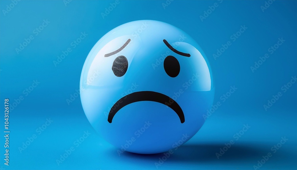 A sad emoji ball on a background reflecting A sad emoji ball on a background reflecting