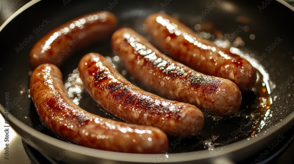 Sizzling Chipolata Sausages in Frying Pan High Angle Close up Sizzling Chipolata Sausages in Frying Pan High Angle Close up