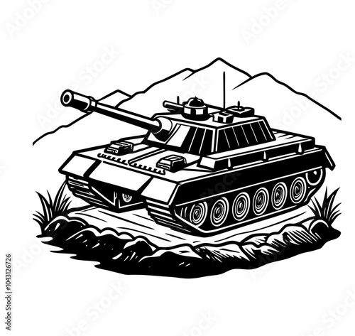 Vector illustration of a detailed military tank positioned on rugged terrain, featuring mountains, an Army  Armored Personnel Carrier outline, and a battle tank icon.