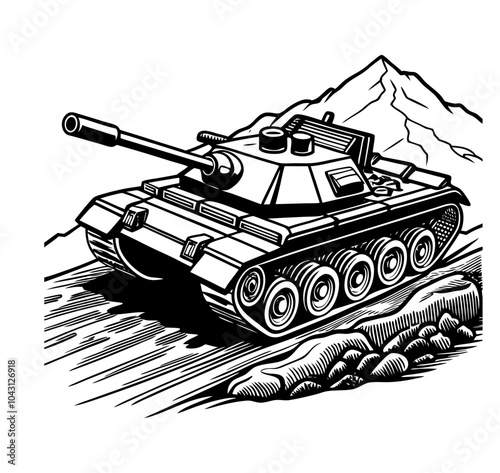 Vector illustration of a detailed military tank positioned on rugged terrain, featuring mountains, an Army  Armored Personnel Carrier outline, and a battle tank icon.