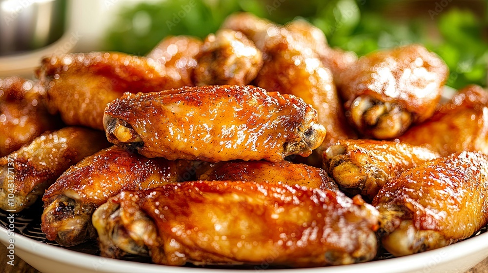 A platter of deliciously glazed chicken wings. A platter of deliciously glazed chicken wings.