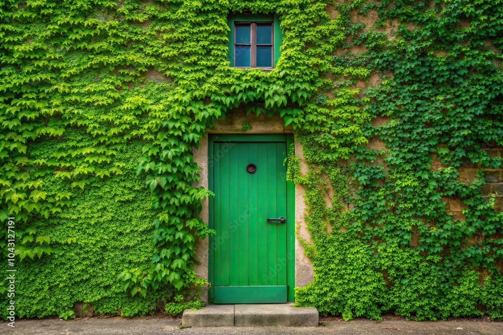 Green door on building with vines and window Green door on building with vines and window